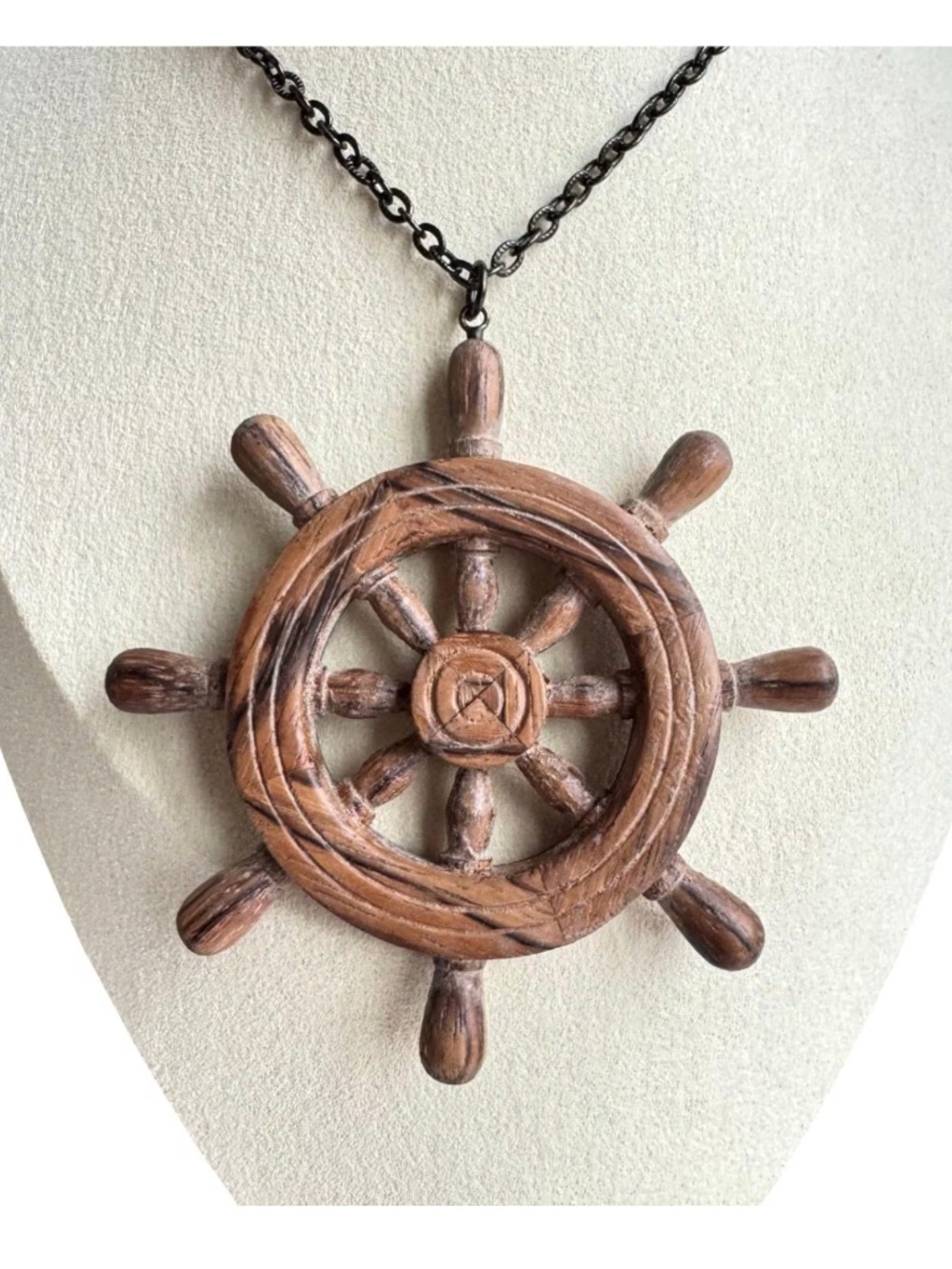 Nautical Ship Wheel Necklace Wooden Pendant Maritime Coastal Jewelry 28"L Vtg